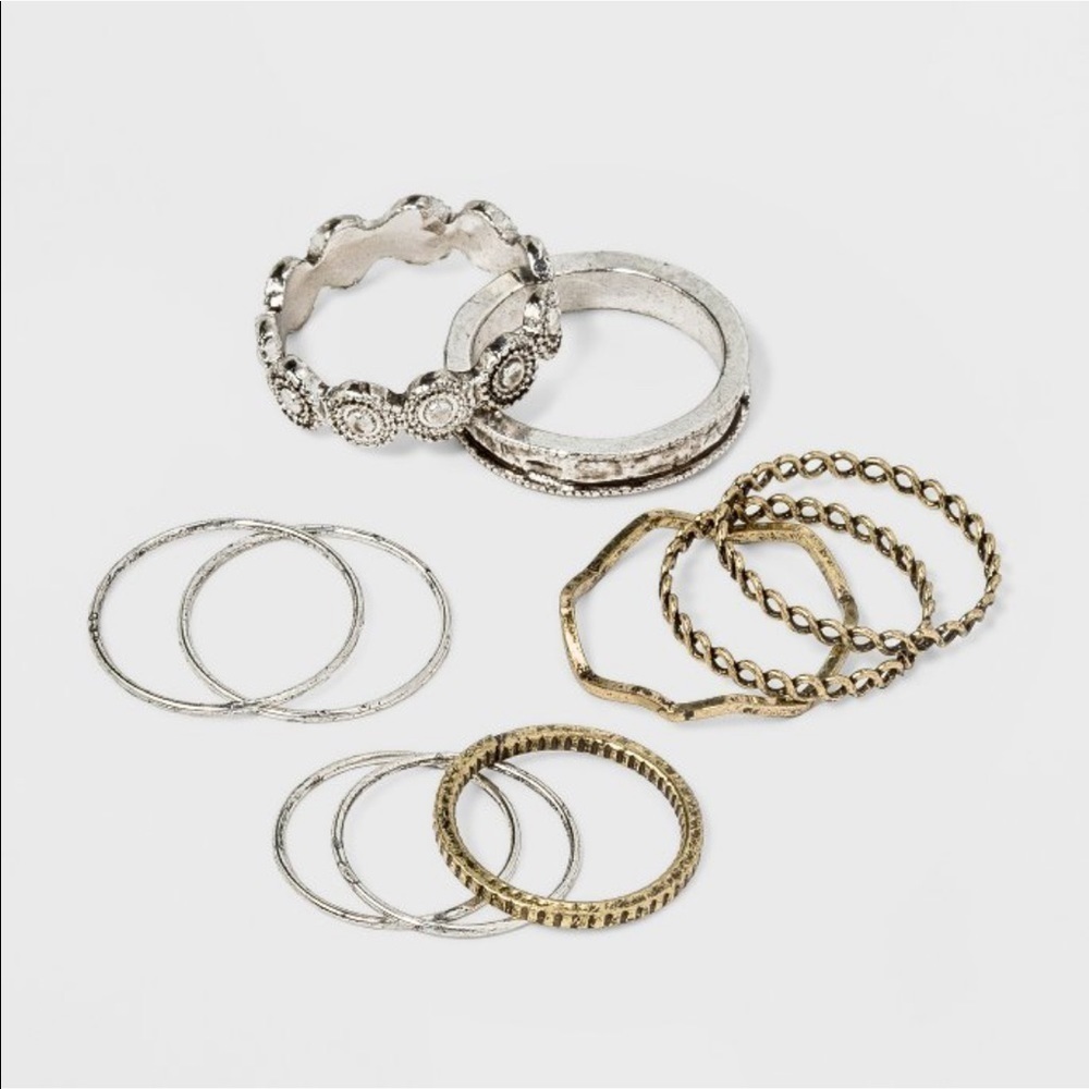 Set of 10 Layering Rings Brushed Antiqued Silver